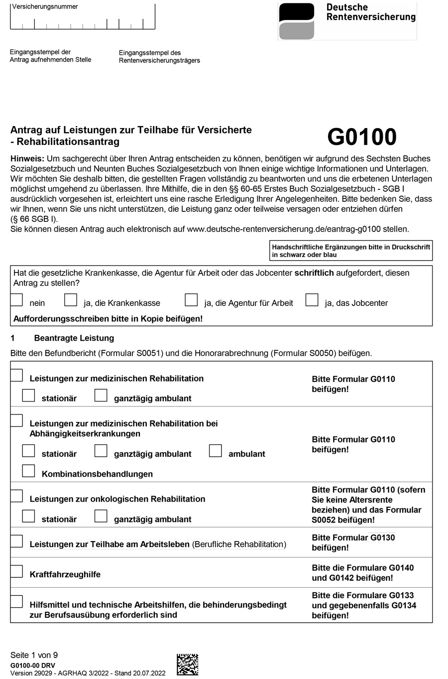 Abbildung des Formulars für den Rehabilitationsantrag