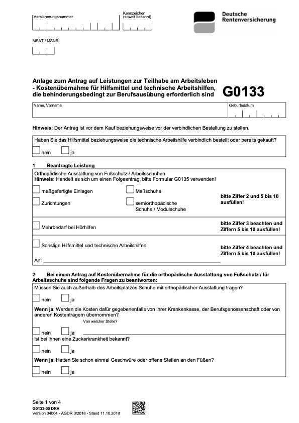 Abbildung des Formulars für den Rehabilitationsantrag