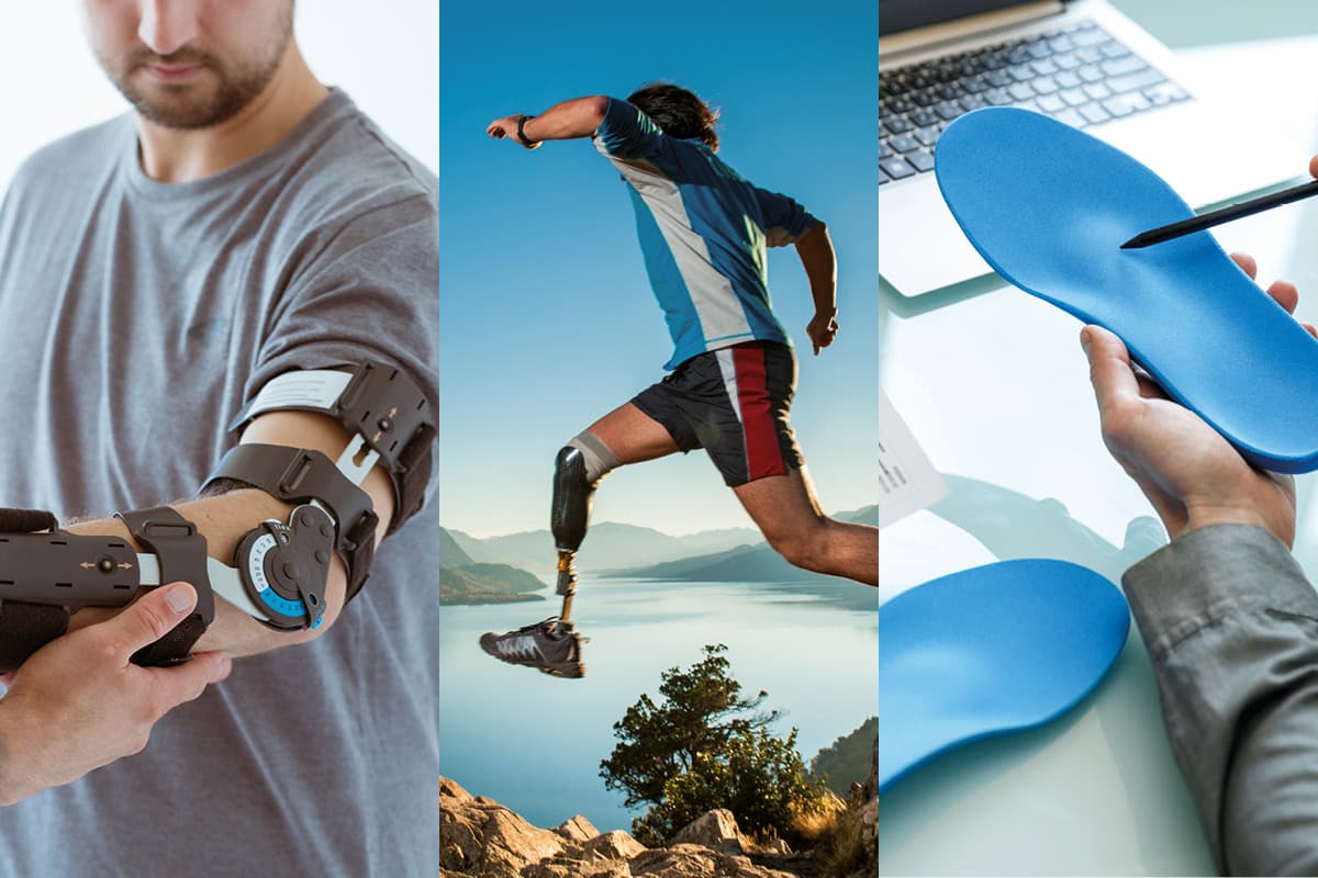 Fotocollage von drei Bildern. Auf dem ersten Bild ist ein Mann mit Orthese zu sehen. Das zweite Bild zeigt einen Mann mit Prothese, wie er in den Bergen springt. Das dritte Bild zeigt, wie eine Person eine orthopädische Einlage in der Hand hält und vermisst.